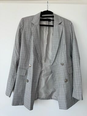 Zara Gray Plaid Double-Breasted Blazer